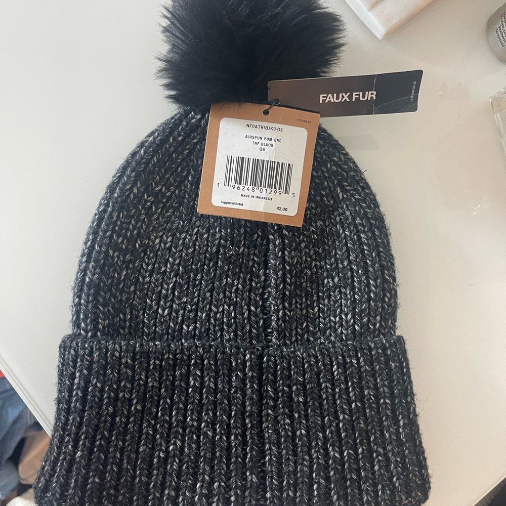 The North Face Charcoal Knit Beanie with Black Pom